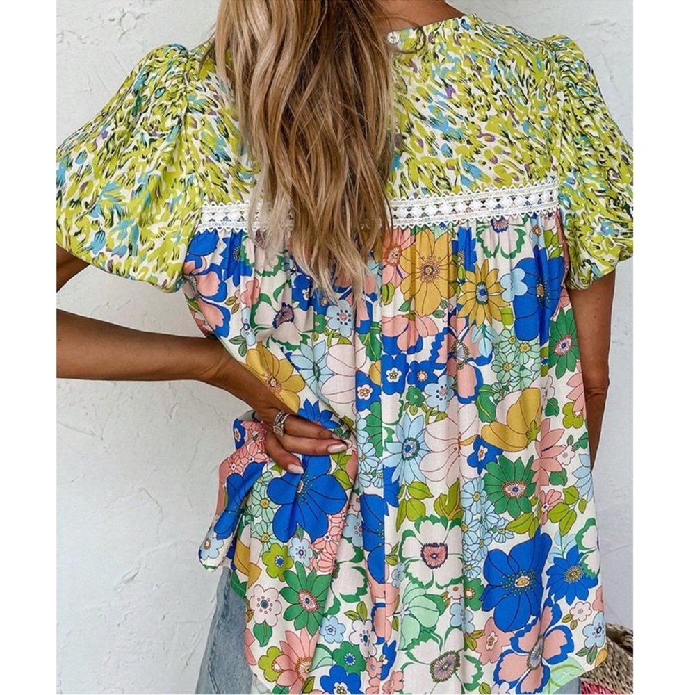 Boho Floral Print Lace Puff Sleeve Loose Fit Blouse S M L XL - Picture 3 of 8